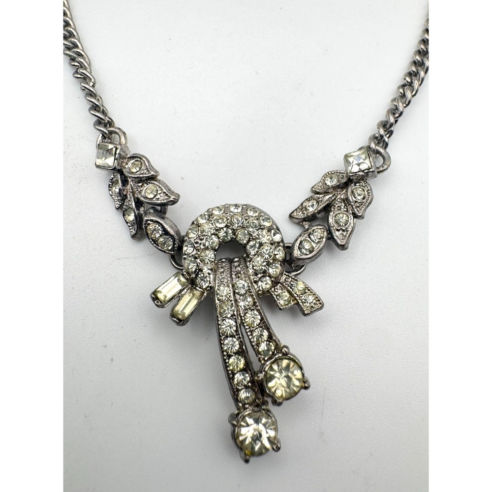 Vintage Rhinestone Necklace 1950s Clear Lavalier Leaf Curb Chain Art Deco MCM